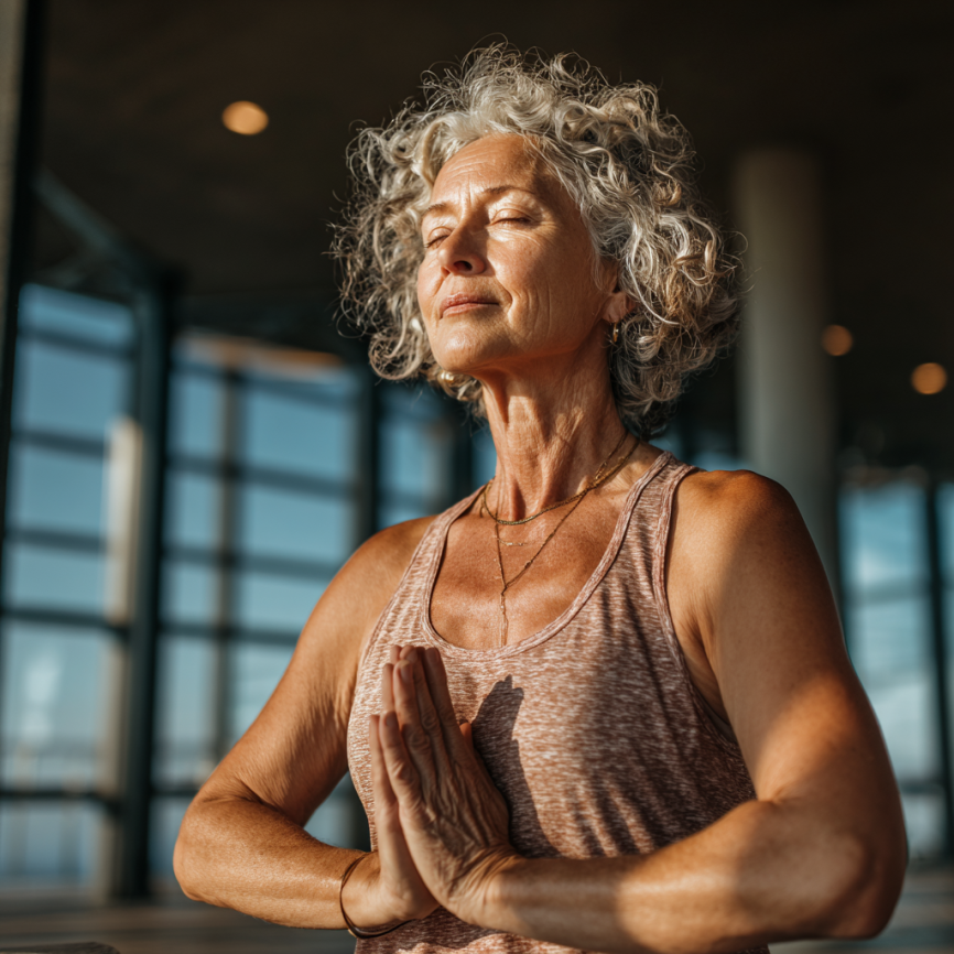 Літня жінка практикує йогу