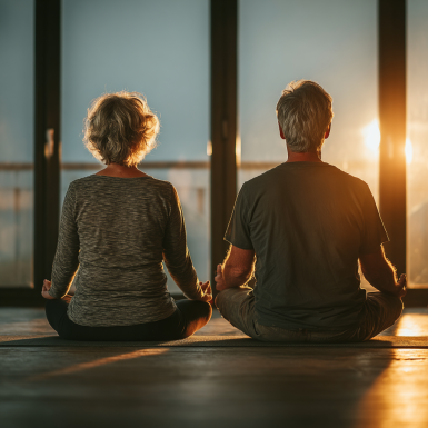 Група літніх людей займається йогою